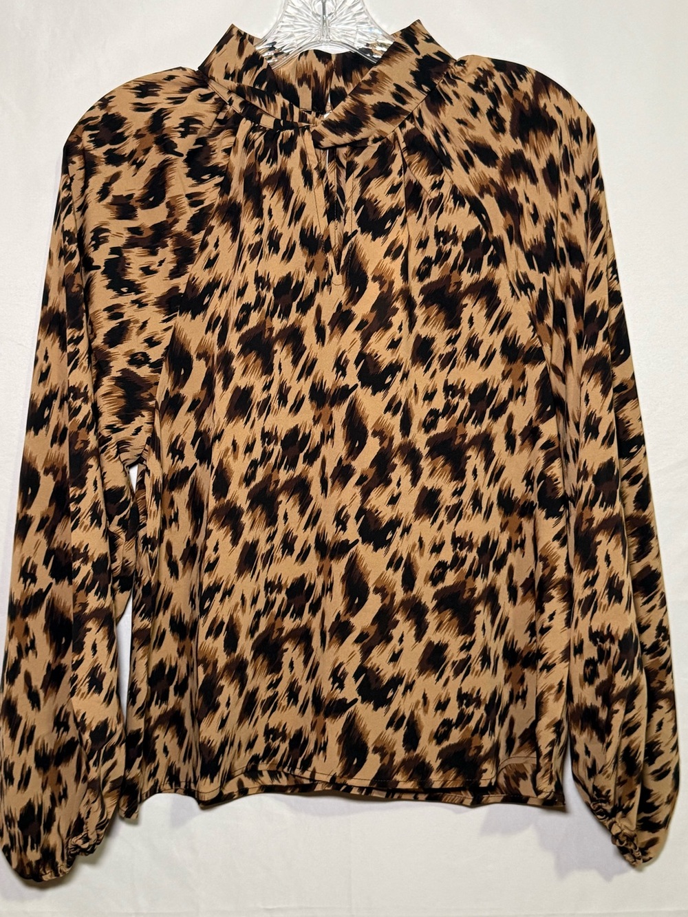 Melloday Women's XS Taupe Black Animal Print Woven Mock Neck Twist Blouse NWT